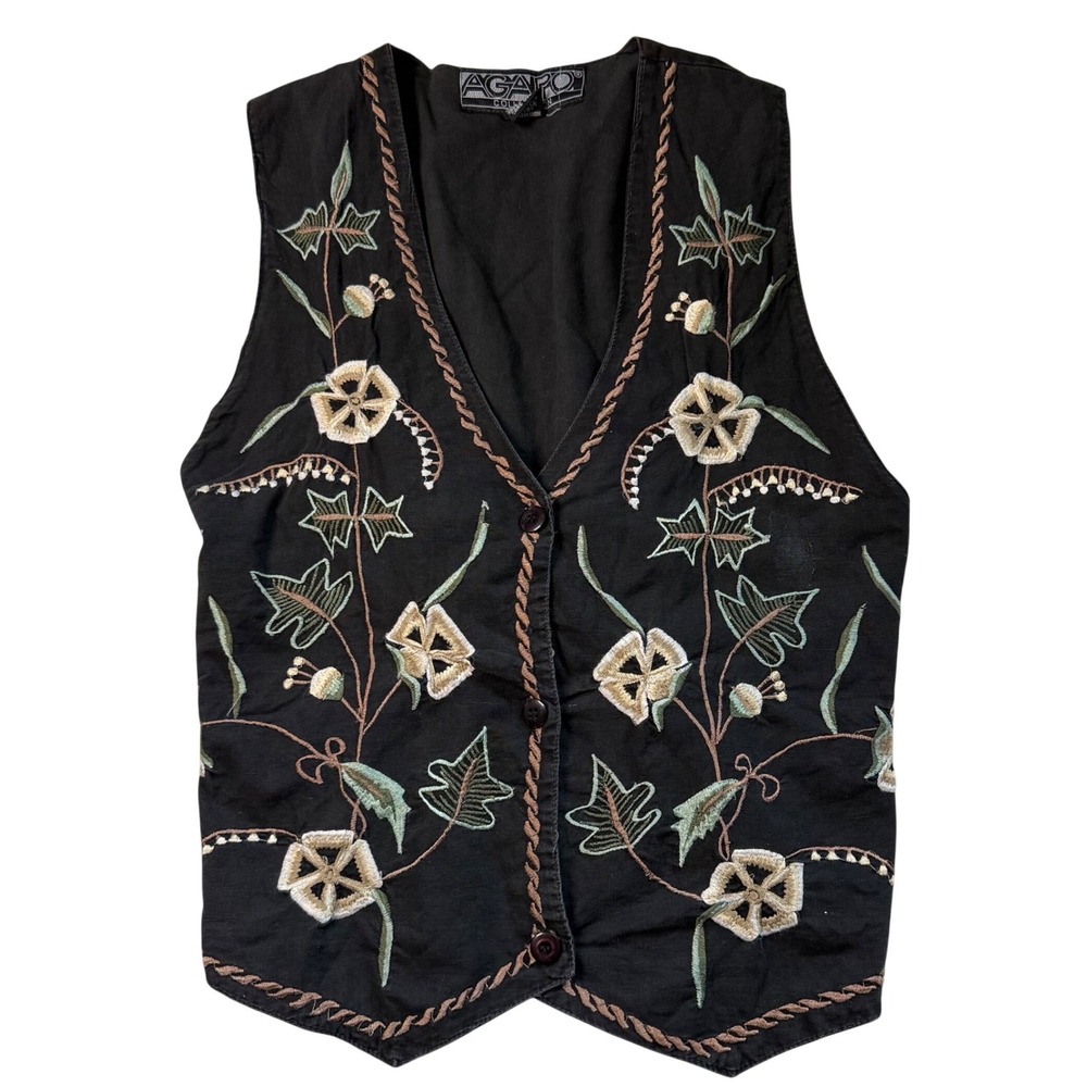 Agapo Collection Vintage Black Floral Embroidered Cotton Vest Boho Women Small